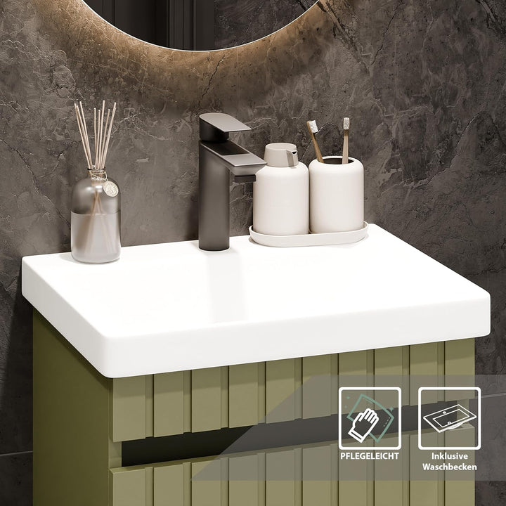 Planetmöbel Cosmia Badmöbel Set Waschbecken mit Unterschrank 50 x 60 x 35 cm Mint Grün, Spiegel mit