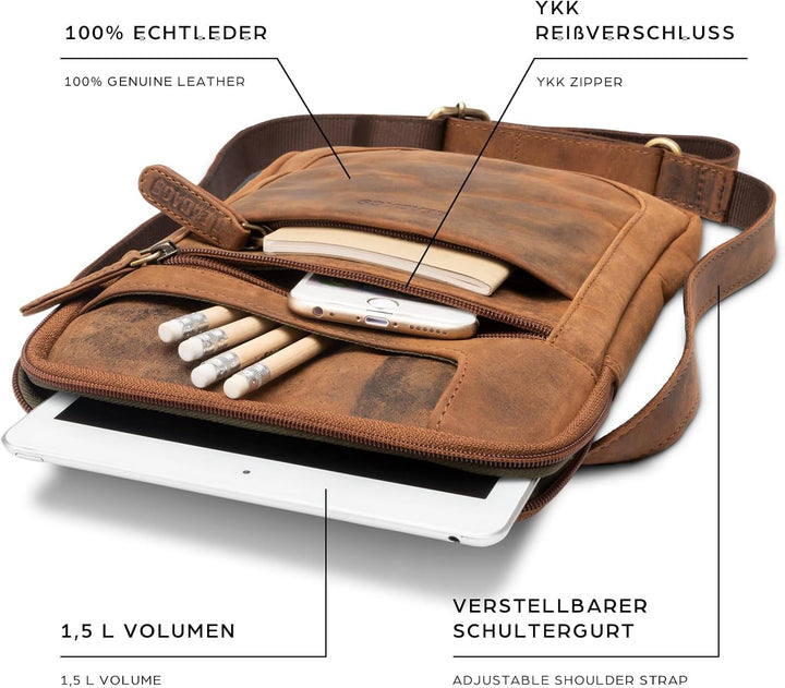 LEABAGS Detroit Umhängetasche Herren – Kleine Leder Umhängetasche 21x26 cm – Mini Crossbody Tasche m