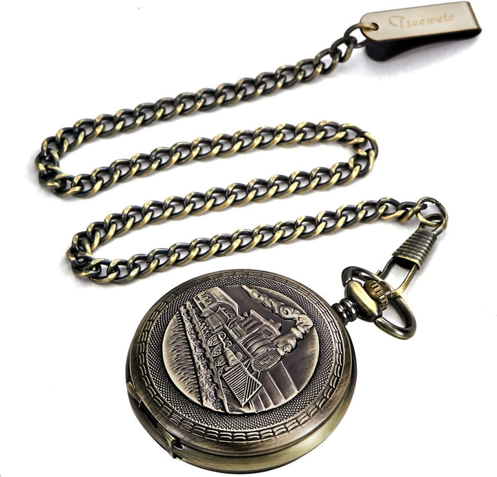 TREEWETO Unisex Taschenuhr mit Kette Analog Handaufzug Antik Skelett Römische Ziffern (Bronze054)