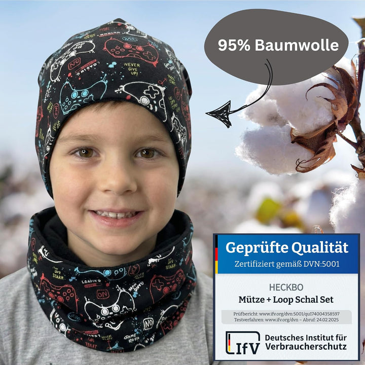 HECKBO 360° Reflektor Kinder Mütze &amp; Loop Schal Set - 95% Baumwolle - weiches &amp; pflegeleichtes Stret