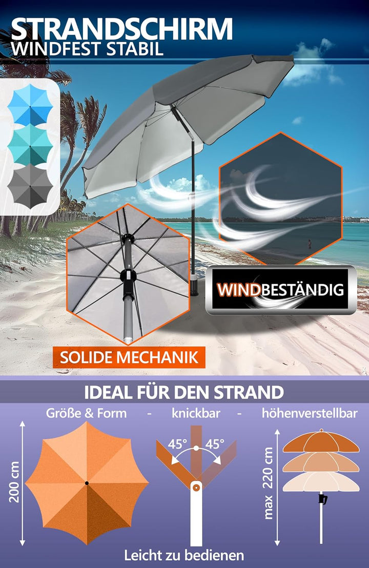 4smile Sonnenschirm Strand SET mit Bodenhülse, Ø 200 cm, Anthrazit | UPF 50+ Strandschirm + Sonnensc