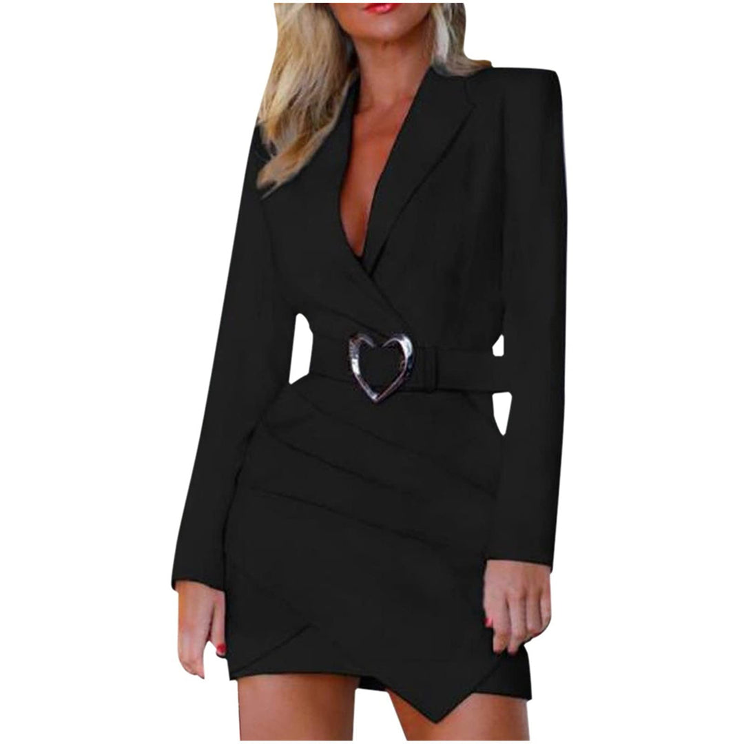 tsaChick Businesskleid Damen Einfarbig Revers Langarm Mini Arbeit Kleid Ohne Gürtel Mode Frauen Slim