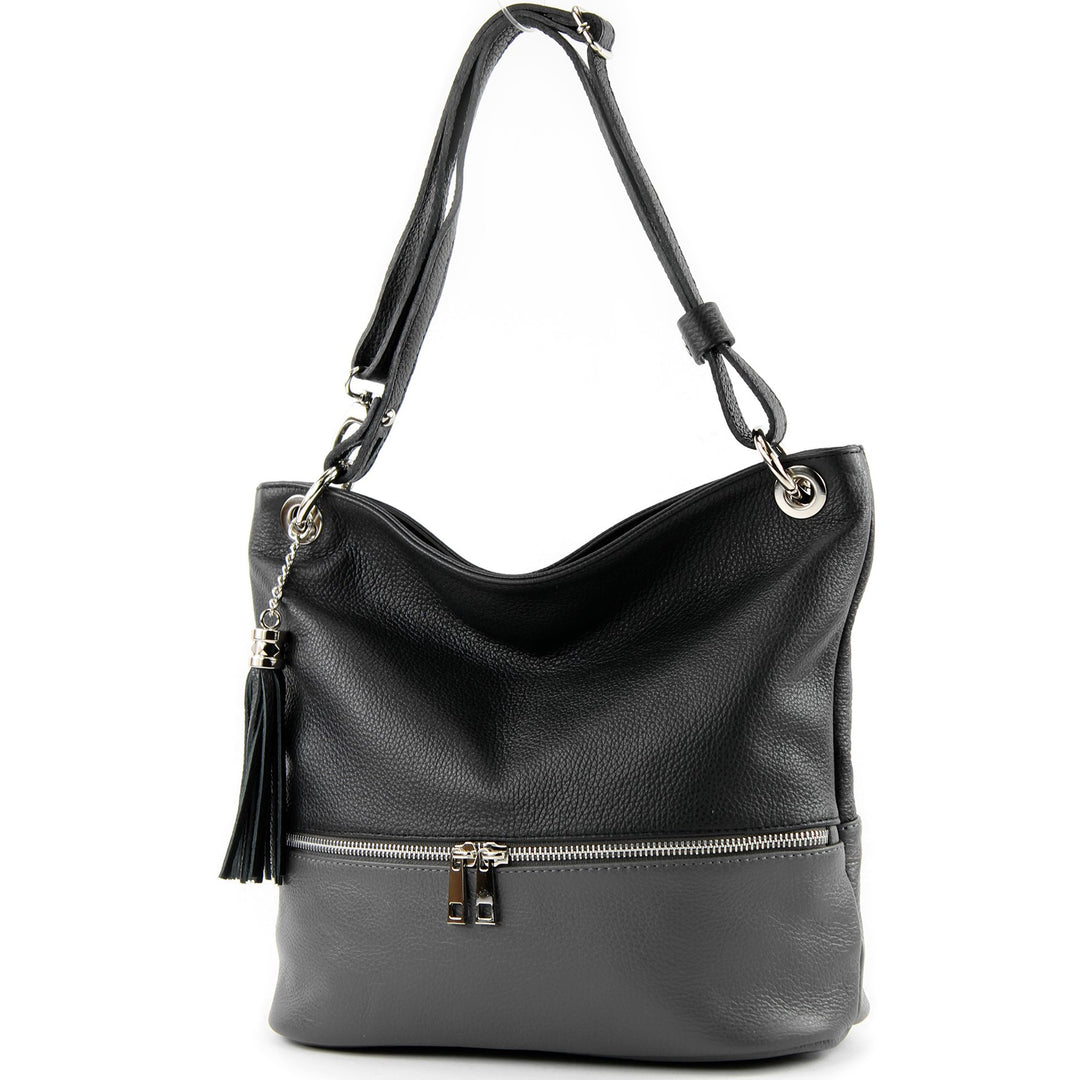 modamoda de - T143 - ital. Leder Schultertasche Umhängetasche Schwarz/Dunkelgrau2021, Schwarz/Dunkel