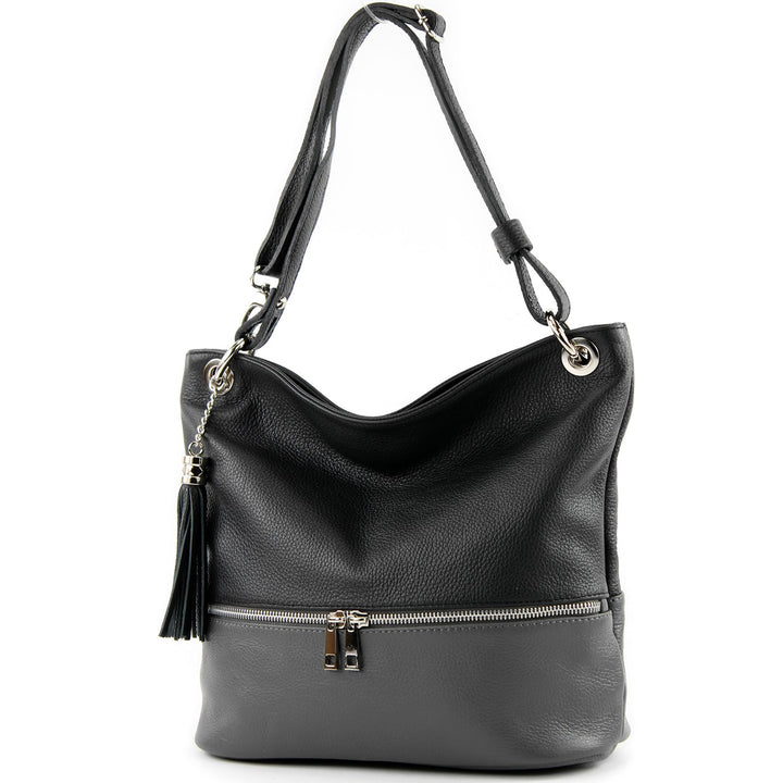 modamoda de - T143 - ital. Leder Schultertasche Umhängetasche Schwarz/Dunkelgrau2021, Schwarz/Dunkel