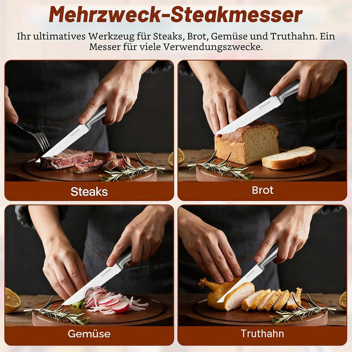 isheTao Steakmesser-Set, 6-teilig, Extra Scharfe Klinge, Wellenschliff, spülmaschinengeeignet, 12 cm