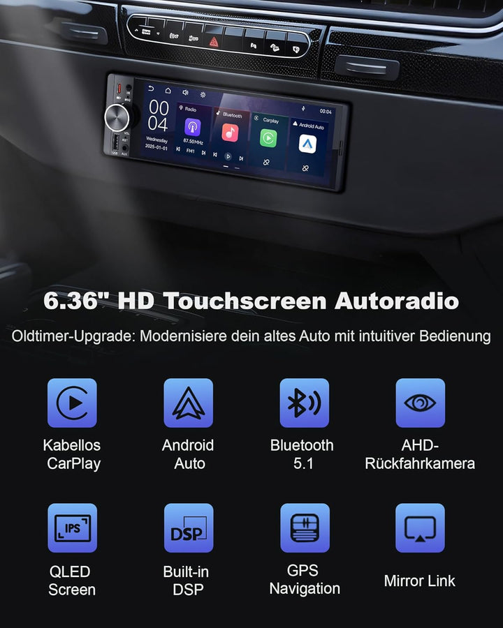 6,36 Zoll 1 DIN Autoradio mit Drahtlosem CarPlay & Android Auto, DAB+, Type-C Schnellladung (QC3.0/P