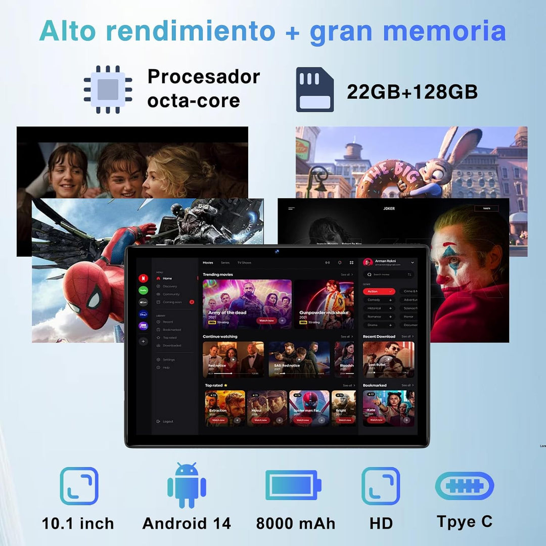 Neueste 2024 Tablet 10 Zoll Android 14 mit 22GB RAM+128GB ROM 1TB TF, WiFi 6, Bluetooth 5.0, 6000mAh