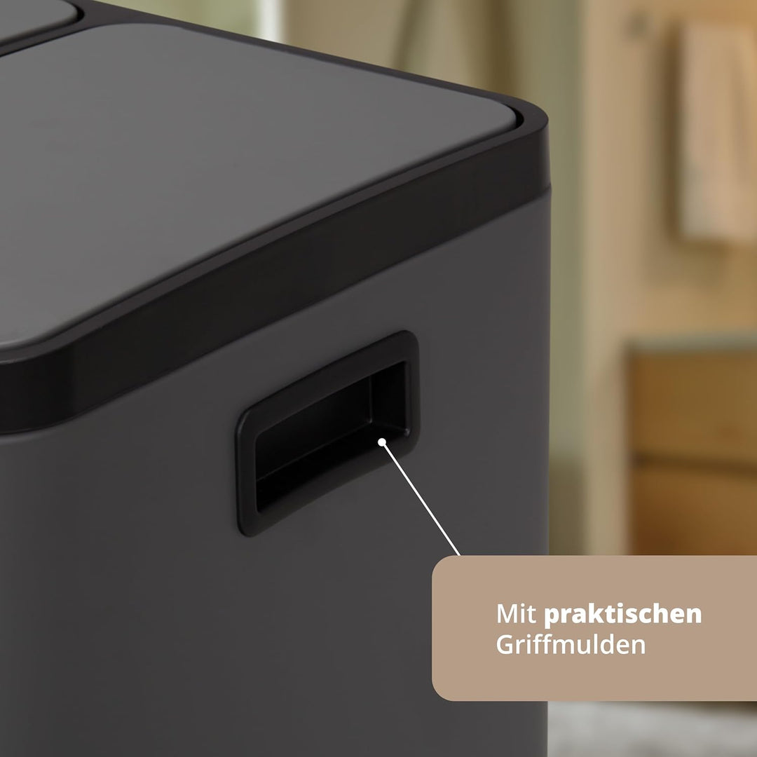 KHG Mülleimer 30 Liter (2x15L) Grau mit Tretfunktion - Abfalleimer zur Mülltrennung mit 2 separaten
