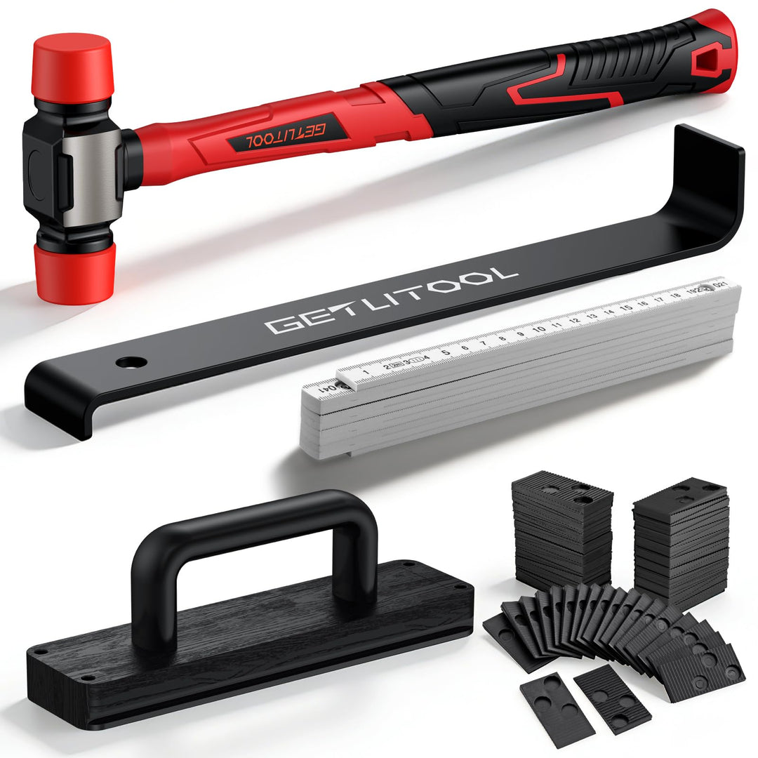 GETLITOOL Laminat Verlegeset, 64tlg Bodenleger Werkzeug mit Zugeisen, Schlagklotz mit Griff, 60x Abs