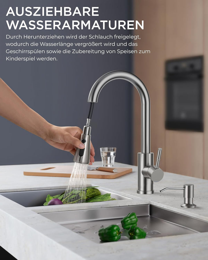 FORIOUS Küchenarmatur mit Seifenspender, ausziehbarer Wasserhahn Küche mit 2 Strahlarten, Einhebelmi