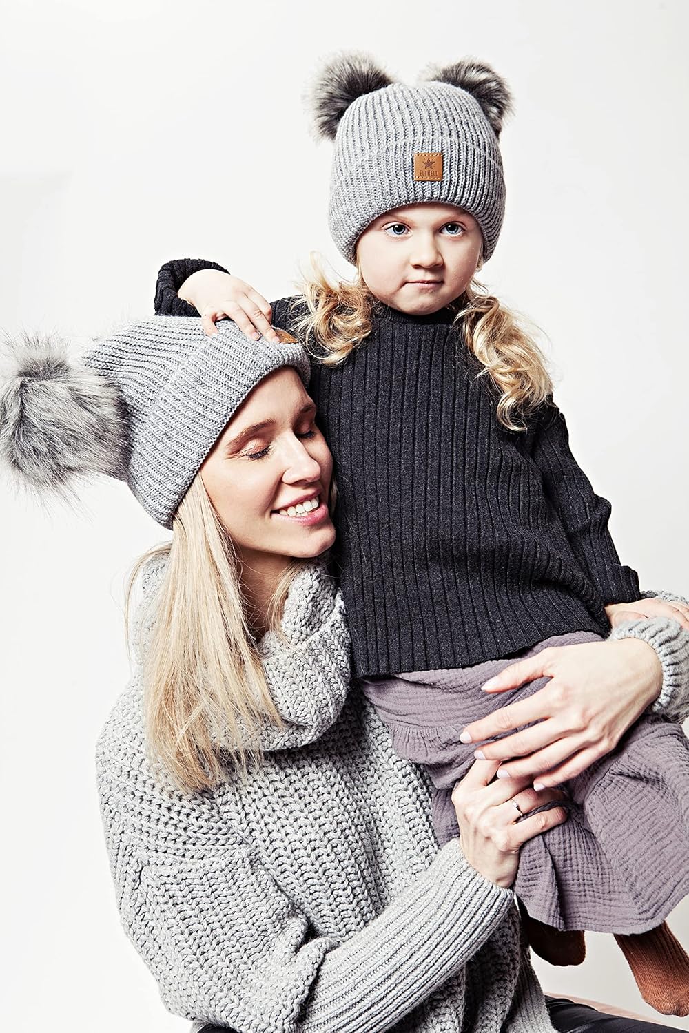 ELIMELI Eltern-Kind Mütze Mädchen Warme Wintermütze für Mutter und Tochter Mütze Damen Winter mit Zw