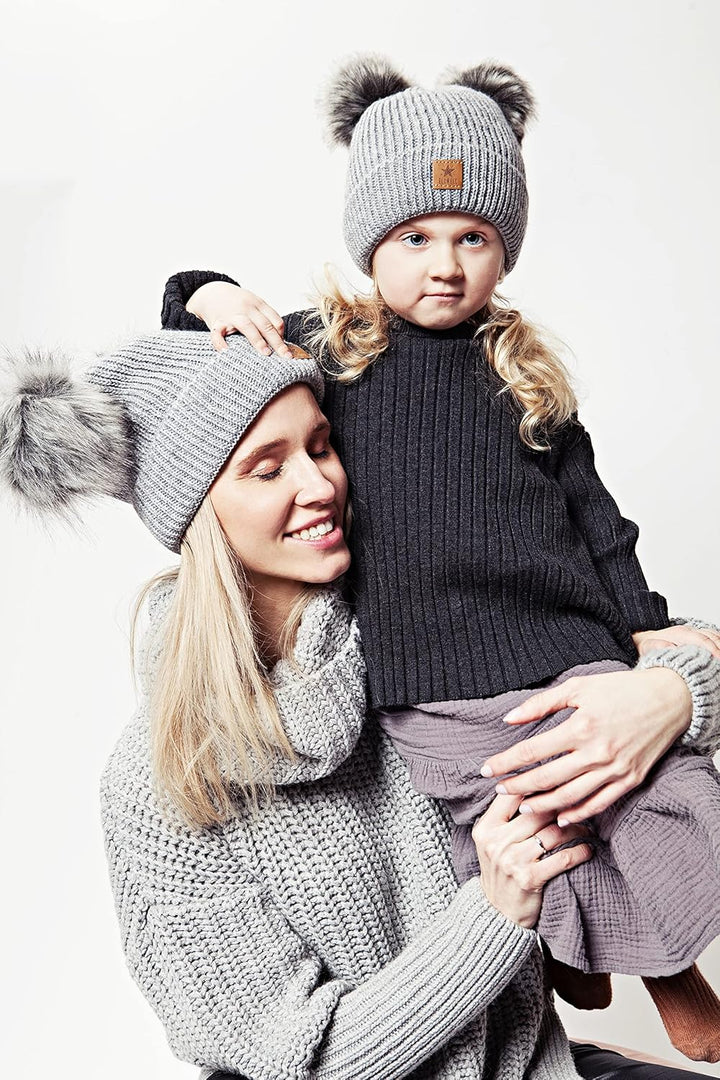 ELIMELI Eltern-Kind Mütze Mädchen Warme Wintermütze für Mutter und Tochter Mütze Damen Winter mit Zw
