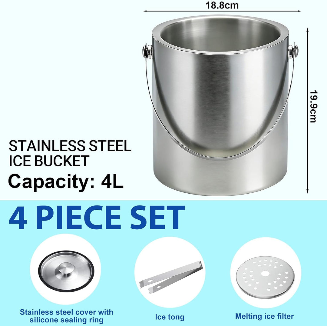 Eiswürfelbehälter mit Deckel, Sieb und Zange, Edelstahl Eiskübel Doppelwandiger Isolierter Eisbehält