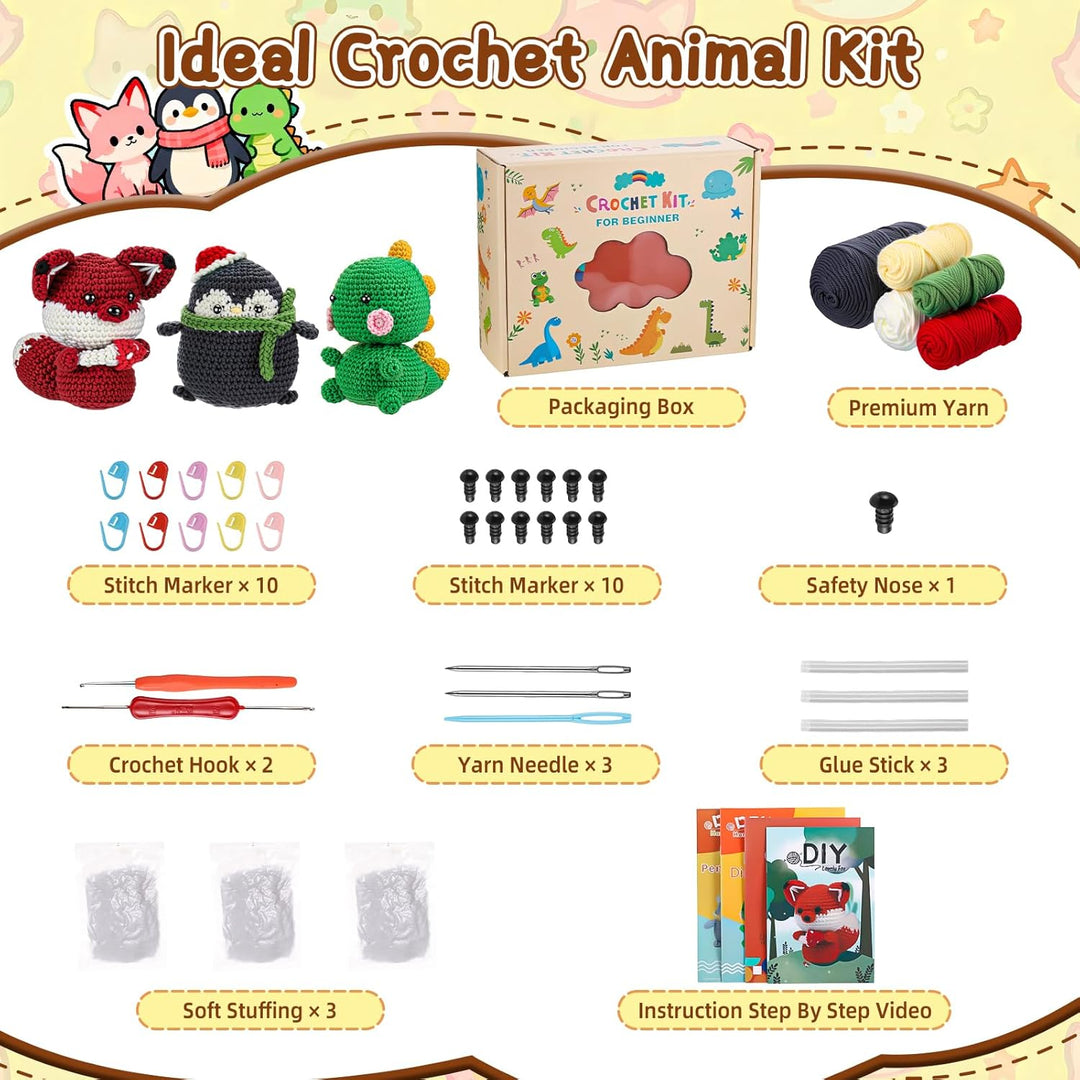 Häkelset für Anfänger Kinder - 3 Stück Tiere Häckel Kit für Kinder Erwachsene, Amigurumi Strickset m