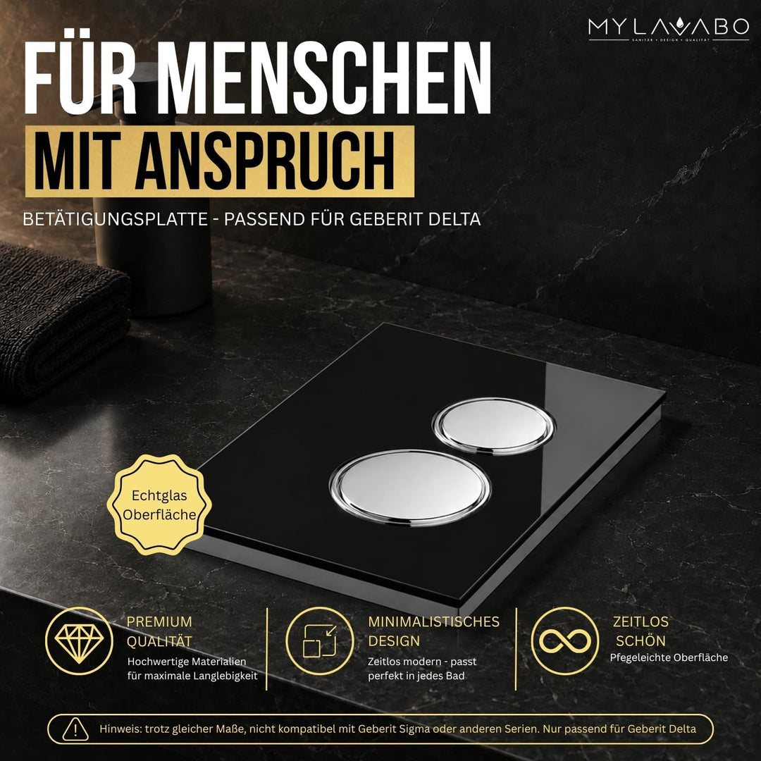 Drücker- & Betätigungsplatte passend für Geberit Delta (Glas, schwarz, chrom Ringe+Tasten) | sw-glas