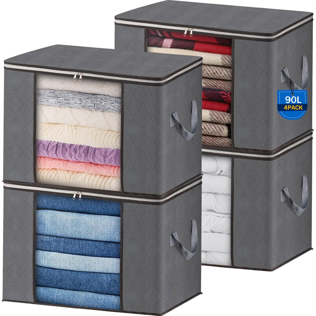 AIOR 4 Stück 90L Gross Aufbewahrungstasche, Faltbare Unterbett Kleideraufbewahrung Schrank Organizer