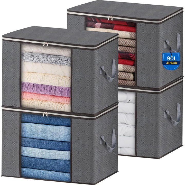 AIOR 4 Stück 90L Gross Aufbewahrungstasche, Faltbare Unterbett Kleideraufbewahrung Schrank Organizer