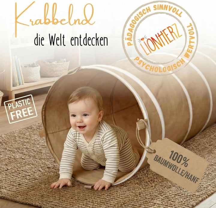 Spieltunnel für Kinder aus Baumwolle/Hanf mit Klettverschlüssen [180cm x 46cm] Krabbeltunnel für Bab
