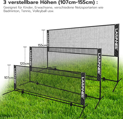 LARMNEE Badmintonnetz, Tennisnetz, 300cm|400cm|500cm Federballnetz höhenverstellbar, Set bestehend a