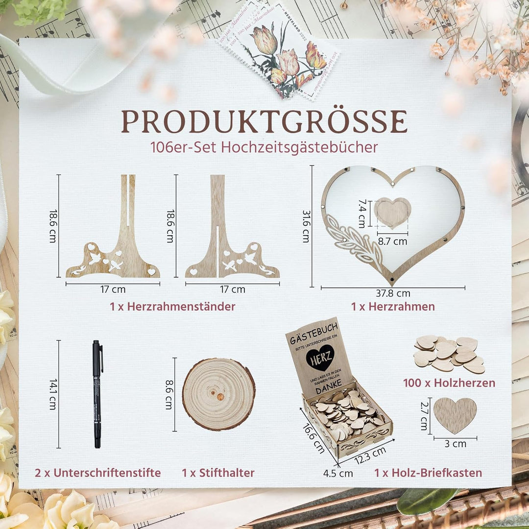 Gästebuch Hochzeit Holz,Gästebuch Hochzeit,Hochzeitsgästebuch mit 100 Holzherzen für Hochzeitsfeiern