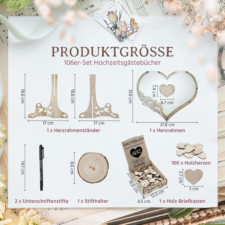 Gästebuch Hochzeit Holz,Gästebuch Hochzeit,Hochzeitsgästebuch mit 100 Holzherzen für Hochzeitsfeiern