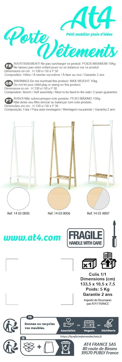 AT4 - ESSENTIEL Kleiderständer | 30 x 50 x 130 cm | Kleiderständer in idealer Höhe für Kinder | Unte