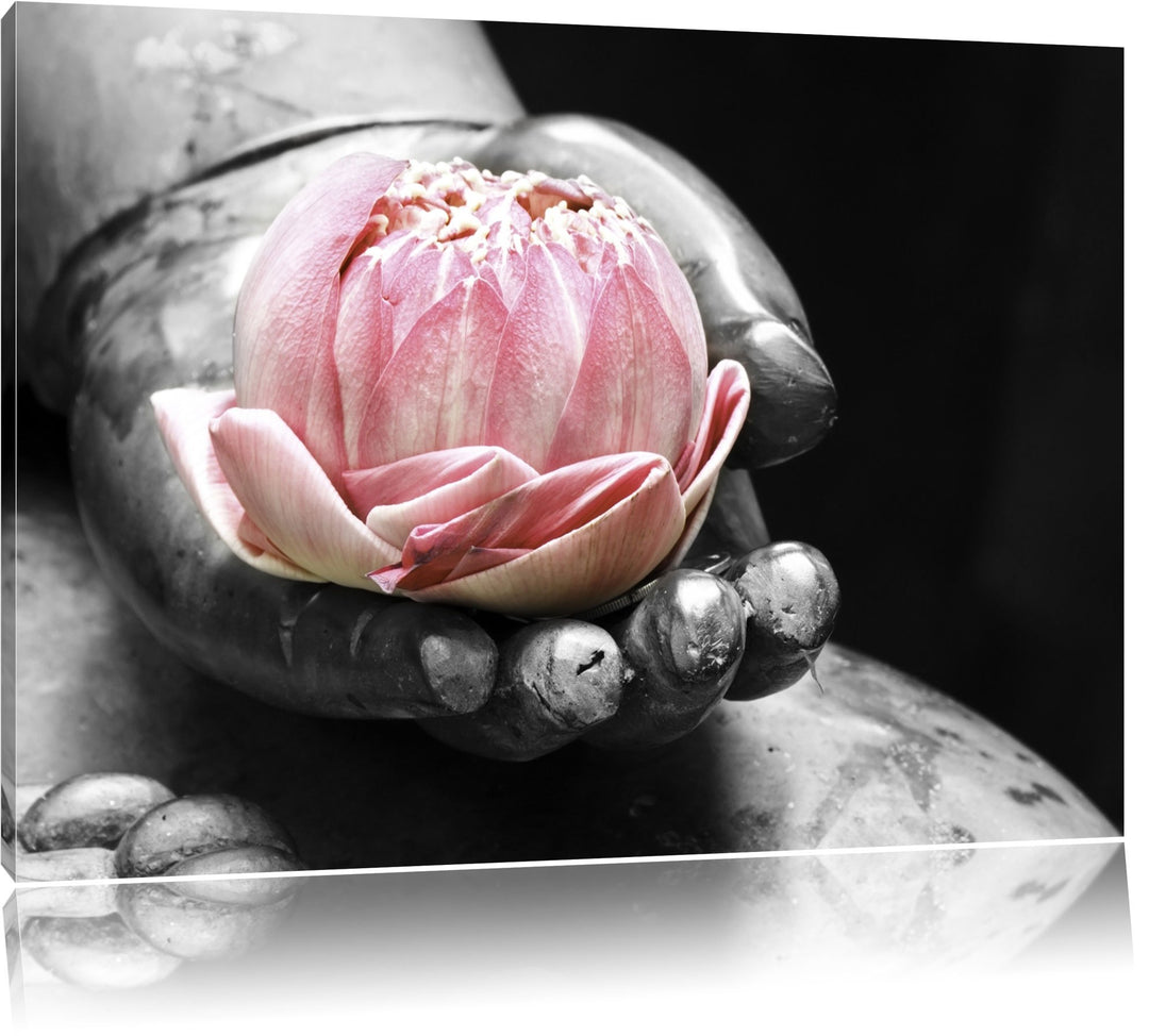 liegender Lotus in einer Hand eines Buddhas schwarz/weiss Format: 100x70 auf Leinwand, XXL riesige B