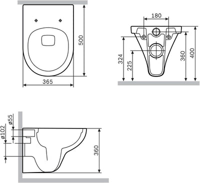 Spülrandloses WC, Toilette für Gäste-WC, Hänge-WC CTA1700WH Hit FlashClean aus Keramik, Wand WC Spül