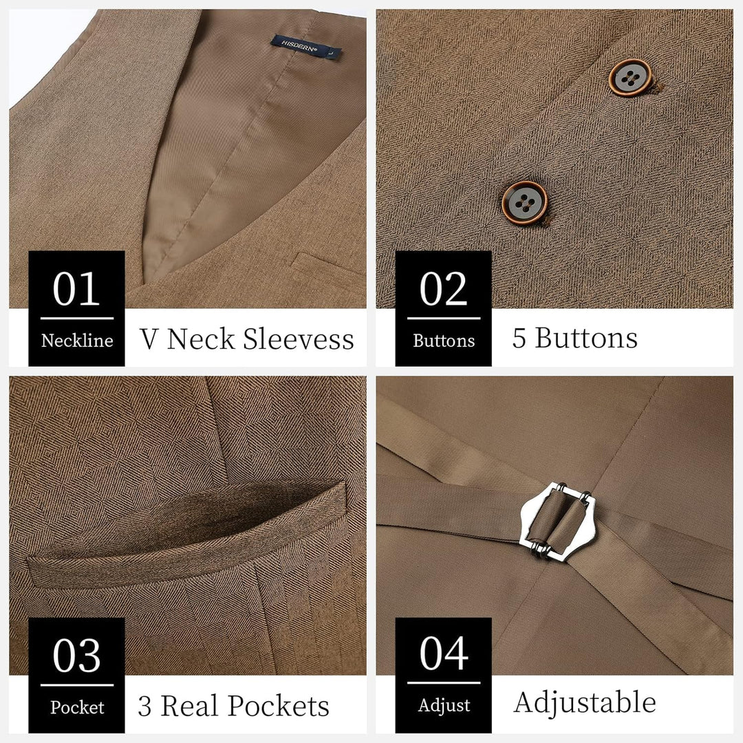 HISDERN Herren Anzugweste Formale Hochzeit Klassische Retro Baumwolle V-Ausschnitt Einfarbige Elegan