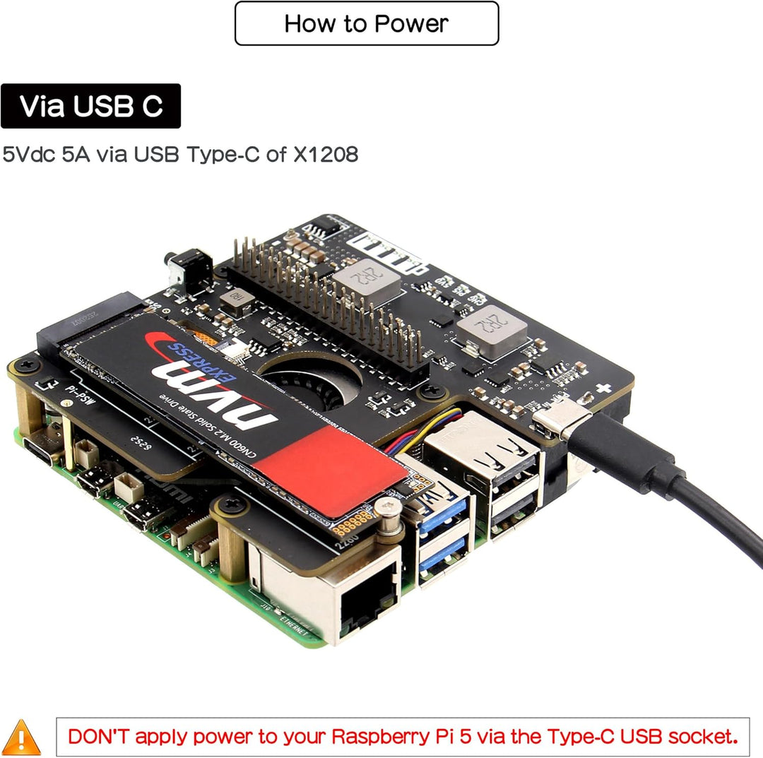 Geekworm X1208 UPS für Raspberry Pi 5 mit NVMe SSD (2280/2242/2230) Erweiterung | 5,1V/5A Ausgang |