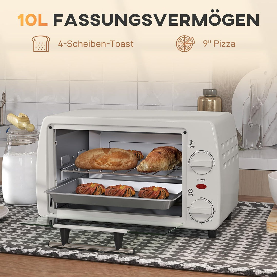 HOMCOM Mini Backofen 10 L 750W 100-230℃ 60 Min. Timer mit Backblech, Grillrost und Herausnehmbarer B
