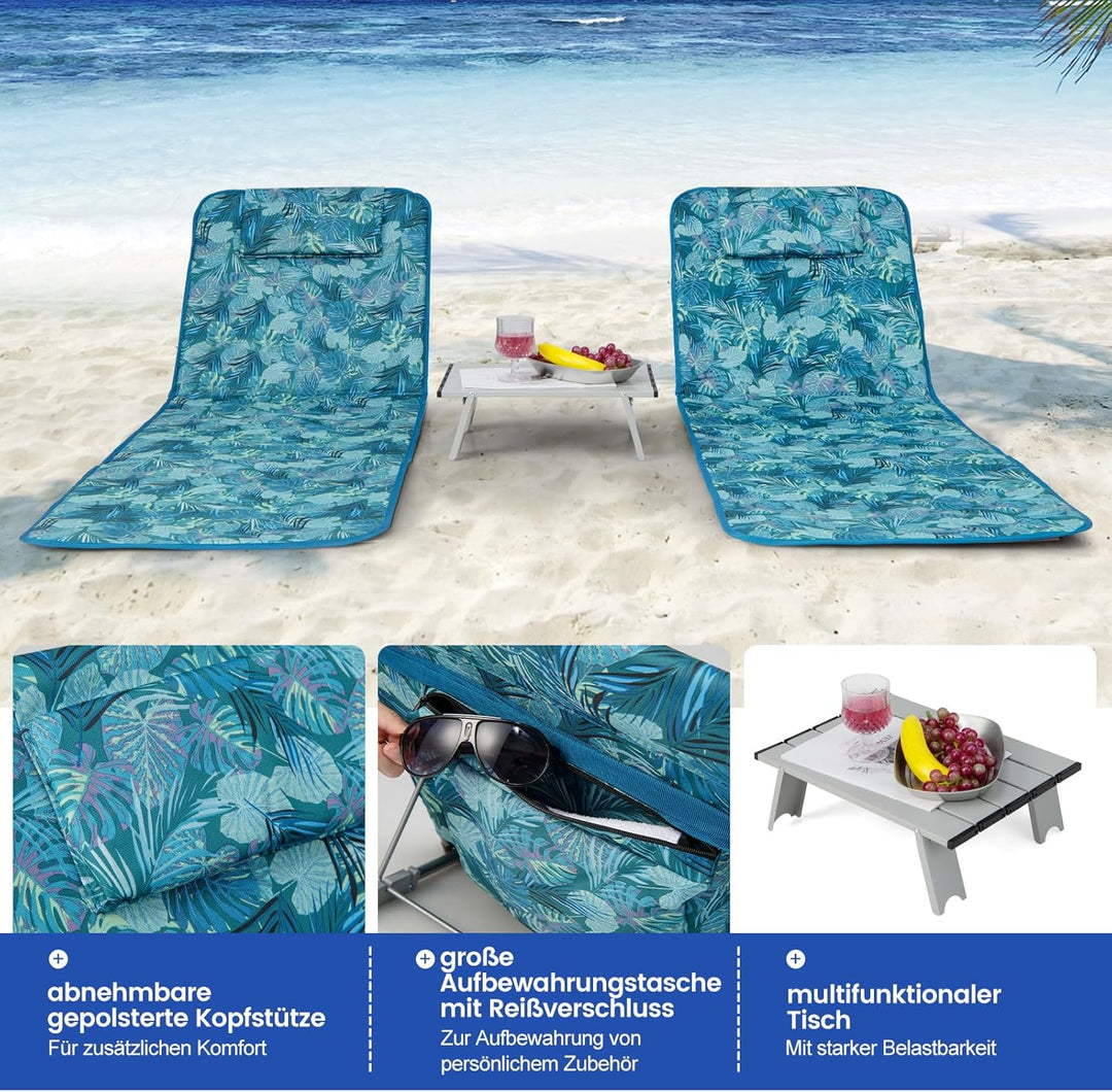 COSTWAY 2er Set Strandmatte mit Beistelltisch, Kopfkissen & Staufach, Liegematte mit Verstellbarer R