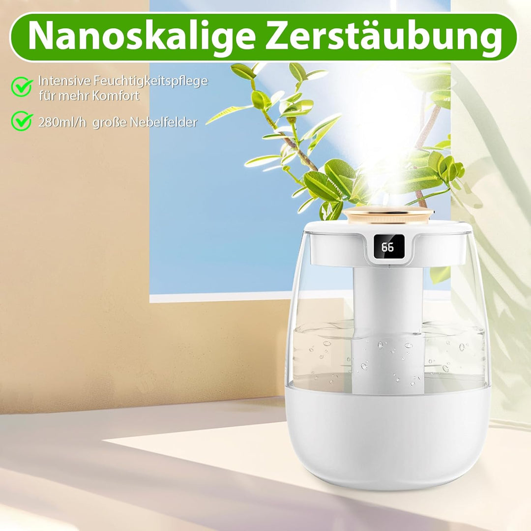 Luftbefeuchter, 1L Leise Humidifier mit 2 Loch, Luftbefeuchter mit leiser USB-Digitalanzeige, 2 Nebe