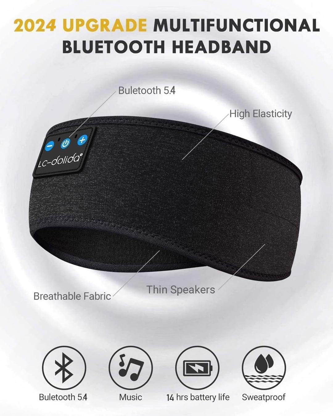 LC-dolida Schlafkopfhörer Bluetooth 5.4, Schlaf Stirnband Kopfhörer Headband Schlafmaske, Sportskopf