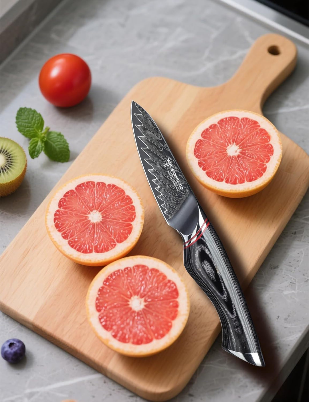 8,9 cm Schälmesser – Obst- und Gemüseschälmesser, Schwarzer Damaststahl mit ergonomischem Griff – Mi