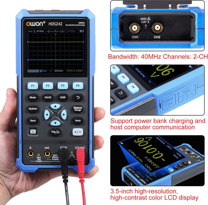 OWON HDS242 Handheld Digital Oszilloskop Multimeter 2CH USB TypC 40MHz 3.5 LCD Prüfen Meter, HDS242
