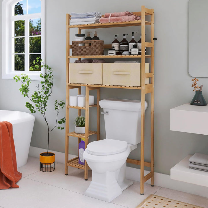 SMIBUY Over The Toilet Storage, 6-stöckiges Badezimmerregal aus Bambus mit Schubladen, freistehend ü