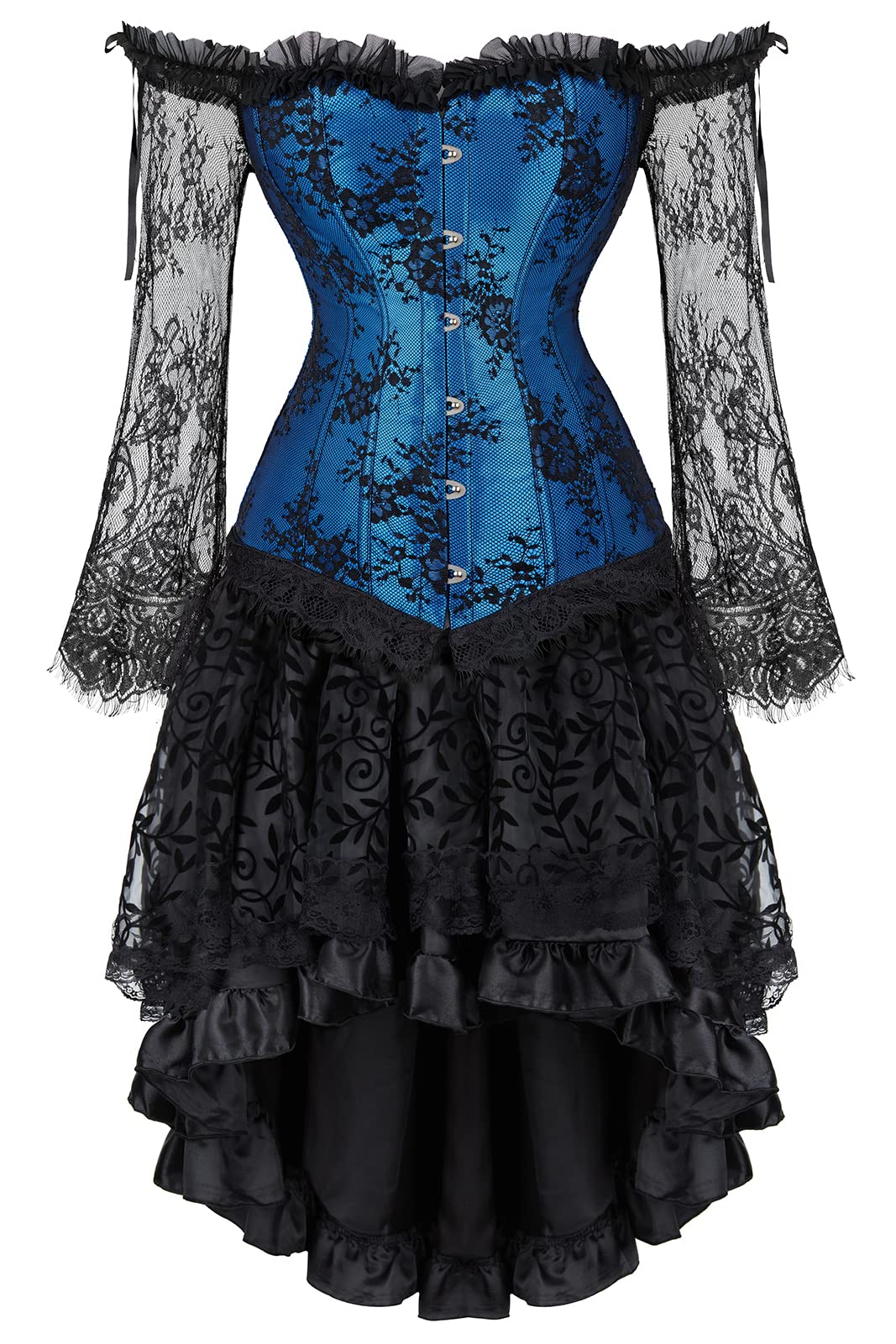 Grebrafan Gothic Korsett Corsage Taillen Korsett Dirndl Bluse Trachten Shirt mit Tüllrock 44-46 Blau