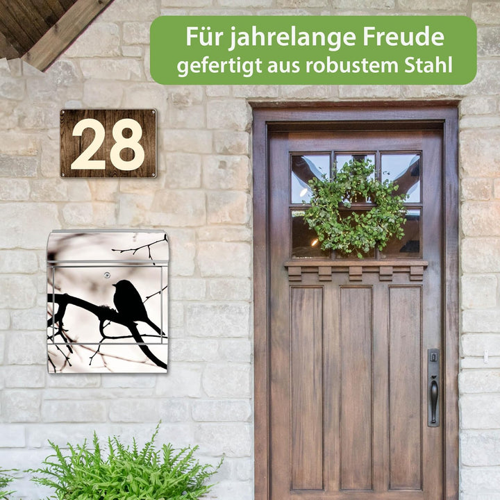 banjado® Design Briefkasten mit Motiv Früher Vogel 39x47x14cm &amp; 2 Schlüssel - Briefkasten Stahl Silb