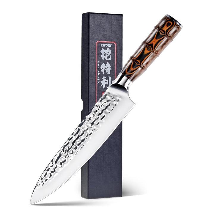 Kitory Kochmesser 20cm, Profi Chefmesser mit gehämmerter Klinge, Bambusförmiger Griff, Deutscher HC