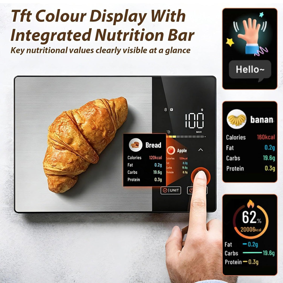Kalorien Waage Smarte Digitale Küchenwaage mit Nährwertanalyse, Edelstahl-Bedienfeld + TFT-Display,