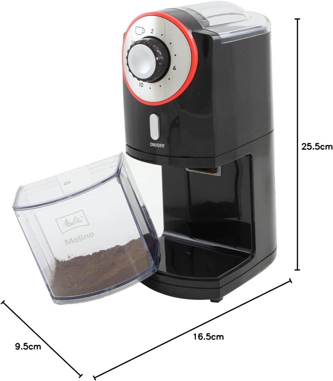 Melitta Molino Kaffeemühle, 1019-01, Elektrische Kaffeemühle, flache Mahlscheibe, Schwarz/Rot, CD -