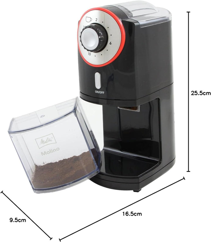 Melitta Molino Kaffeemühle, 1019-01, Elektrische Kaffeemühle, flache Mahlscheibe, Schwarz/Rot, CD -