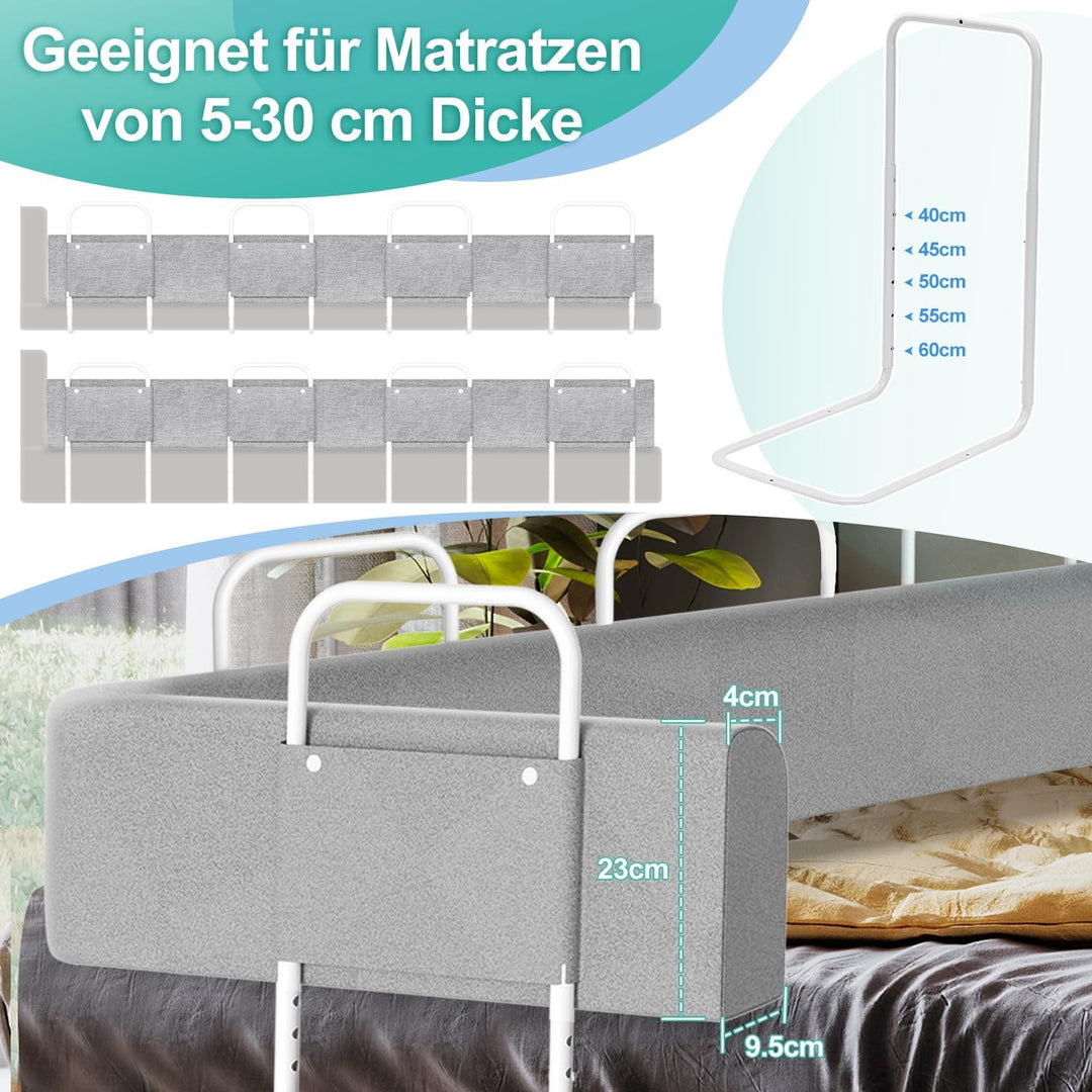 2xBettgitter für Kinder 200cm, Bettschutzgitter 5-Loch Höhenverstellbar, Rausfallschutz Bett, Kinder