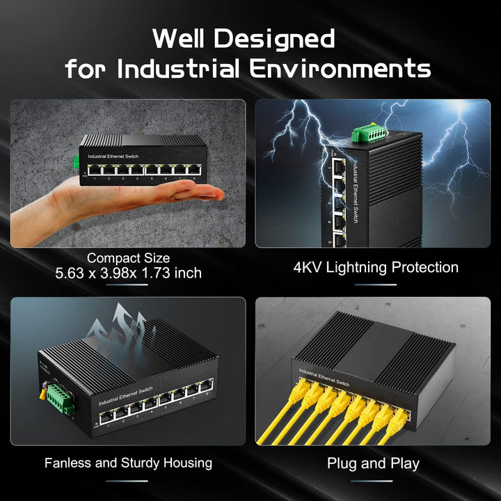 Binardat 8 Port Gigabit Din Rail Industrial Ethernet Switch, 8 Ports 10/100/1000Mbps, Fanless Wall M