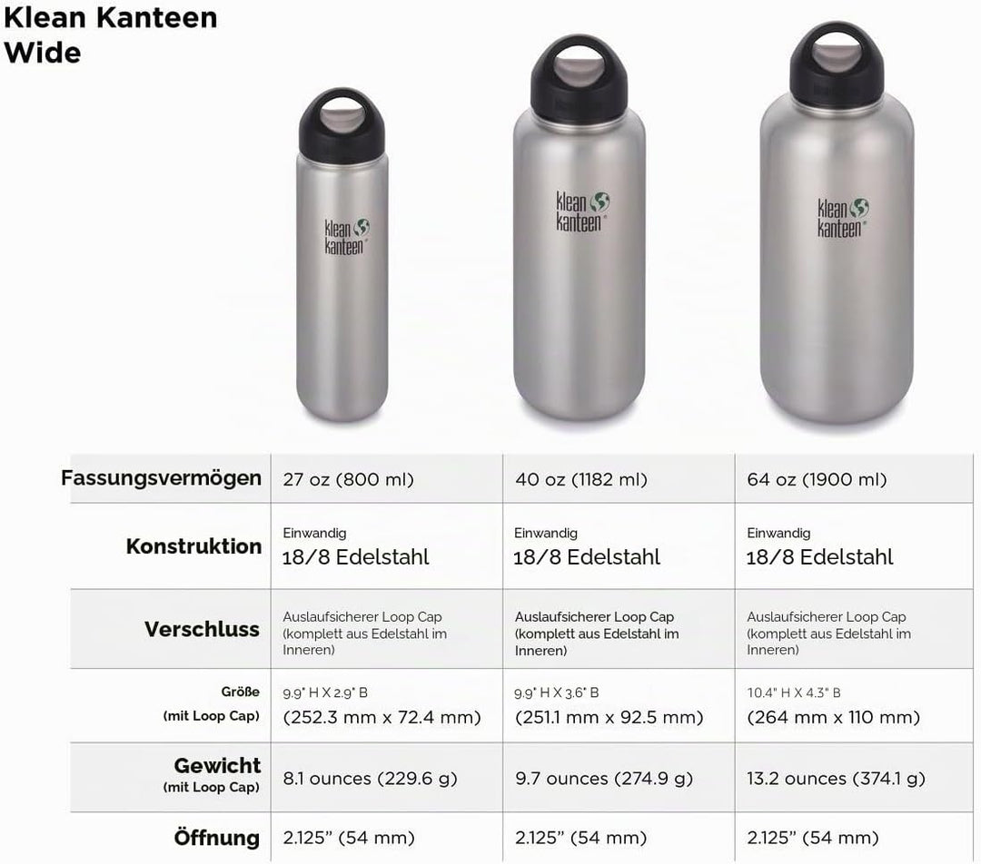 Klean Kanteen 1182 ml Kanteen Wide Silber Matt 1183 ml, Silber Matt 1183 ml
