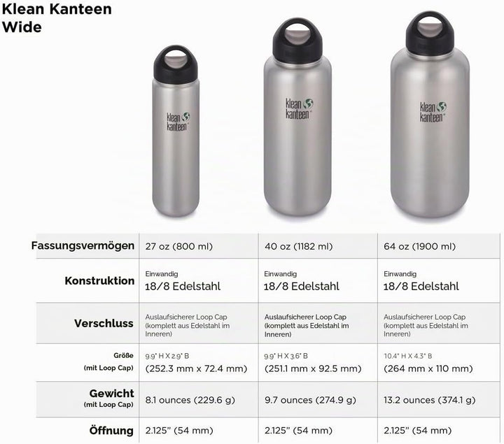 Klean Kanteen 1182 ml Kanteen Wide Silber Matt 1183 ml, Silber Matt 1183 ml
