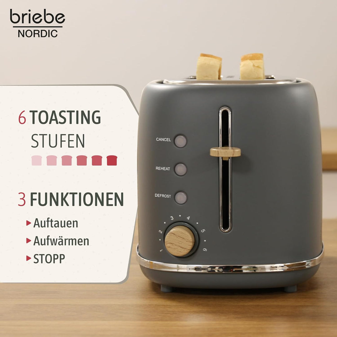 briebe Nordic Set Toaster 2 Scheiben Breite Schlitze mit Brötchenaufsatz, 6 Toast Stufen + Wasserkoc