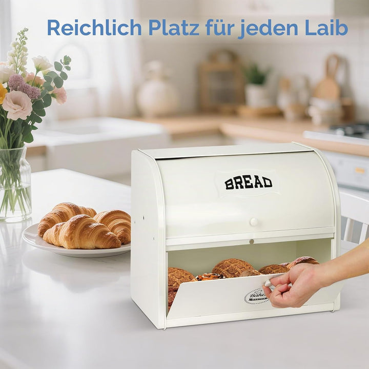 Edelstahl Brotkasten 2 Etagen mit Rolltop Deckel, extragrosser Brotbox Schwarz, Metall Brotbehälter