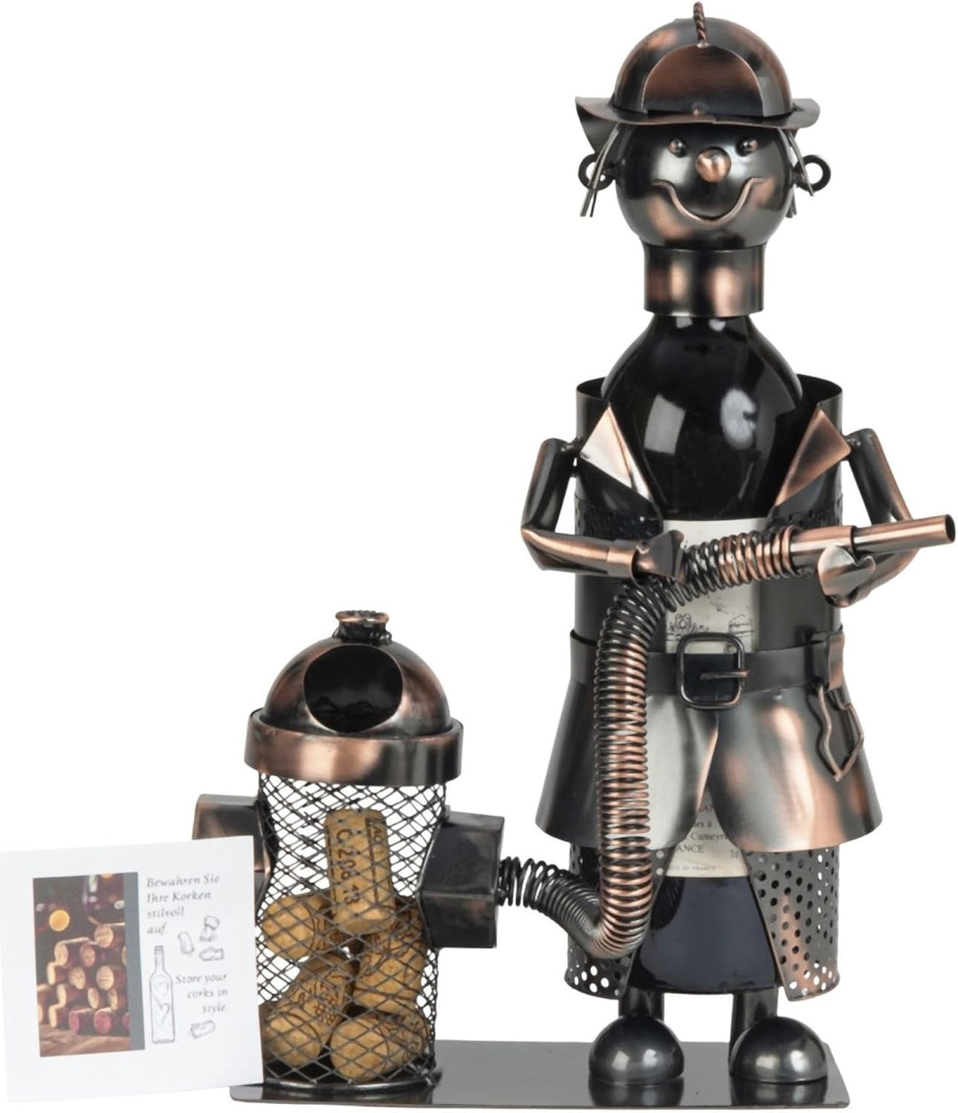 Flaschenhalter Feuerwehrmann Metall bronzefinish 36,5cm Wein Geschenkidee Deko